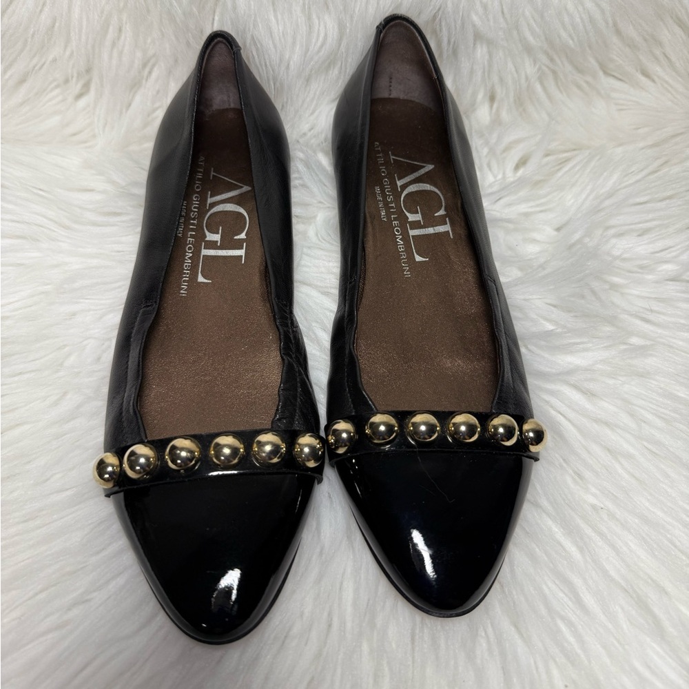 AGL Black Cap Toe Silver Stud Ballet Flats Size 37
